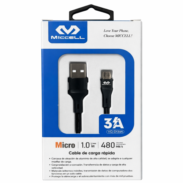 CABLE USB – MICRO USB PREMIUM MICCELL 2.4A 1M VQ-D134A NEGRO